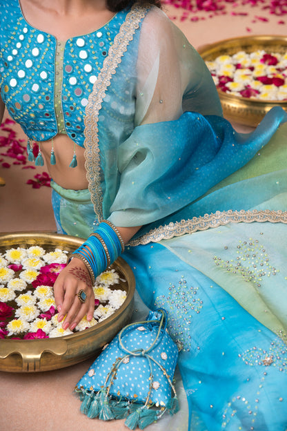 Neel Rang Bandhani Mirror Kali Lehenga