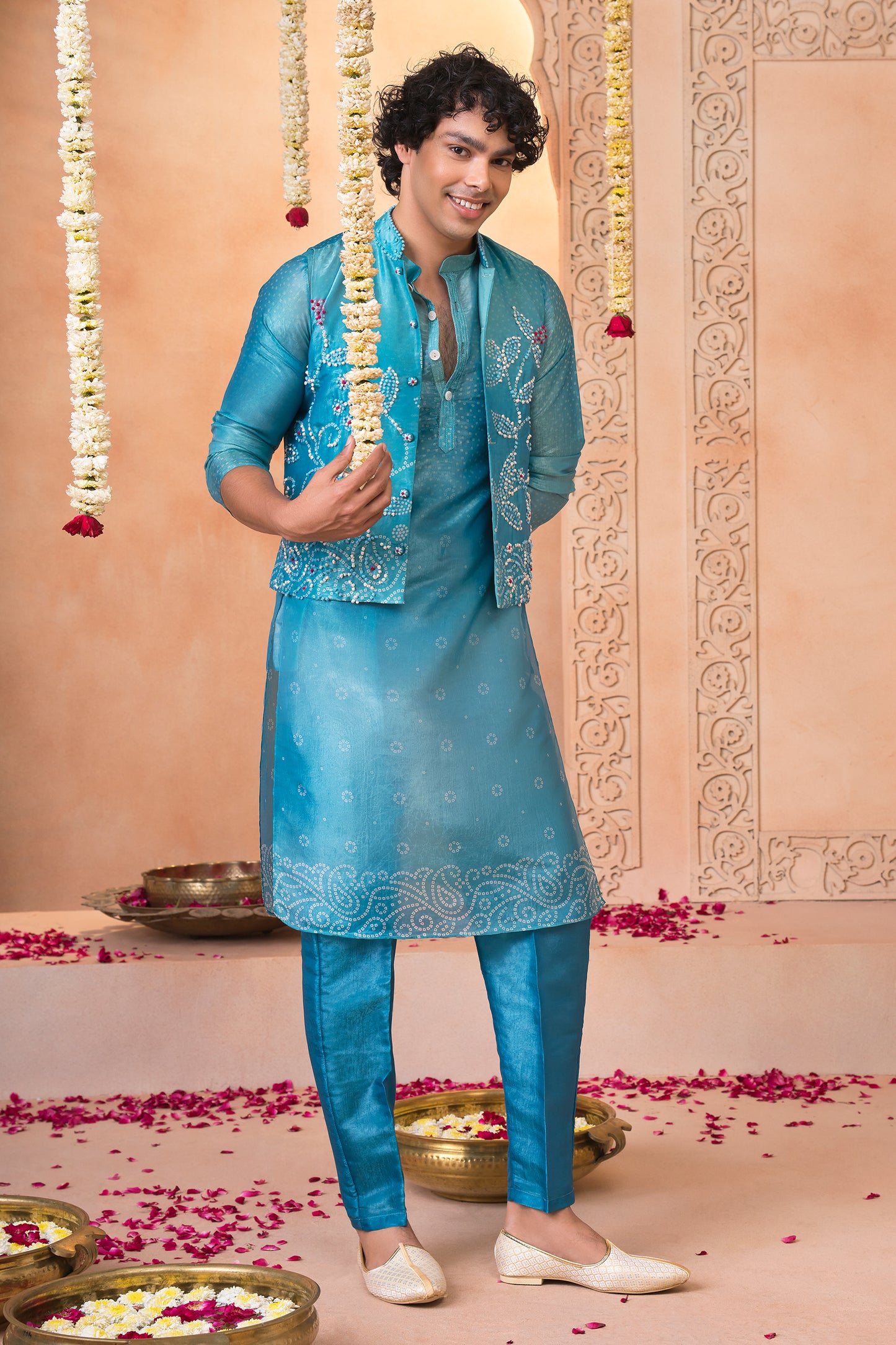 Turquoise Blue Hand-Worked Kurta Set with Jacket
