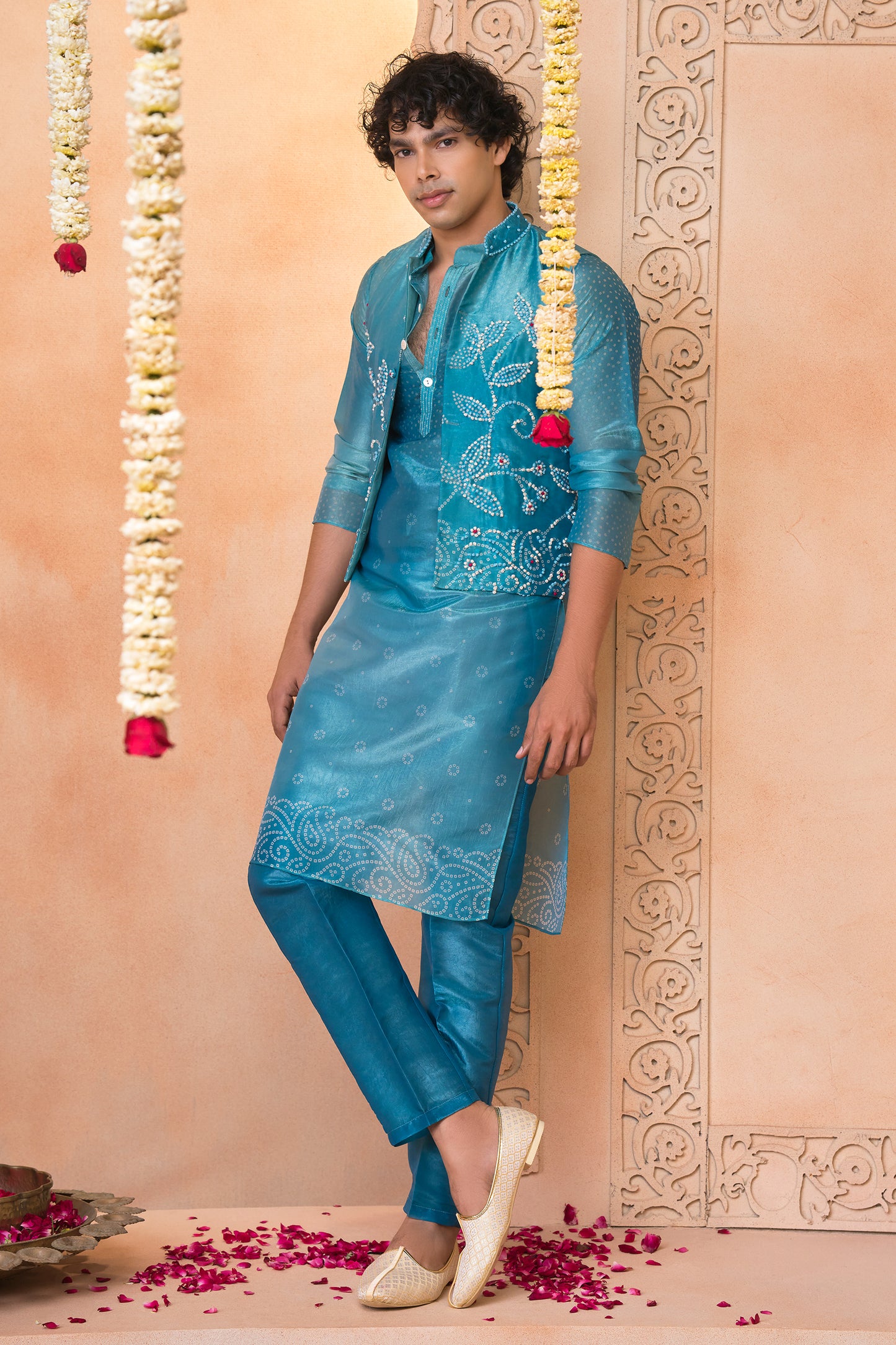 Turquoise Blue Hand-Worked Kurta Set with Jacket