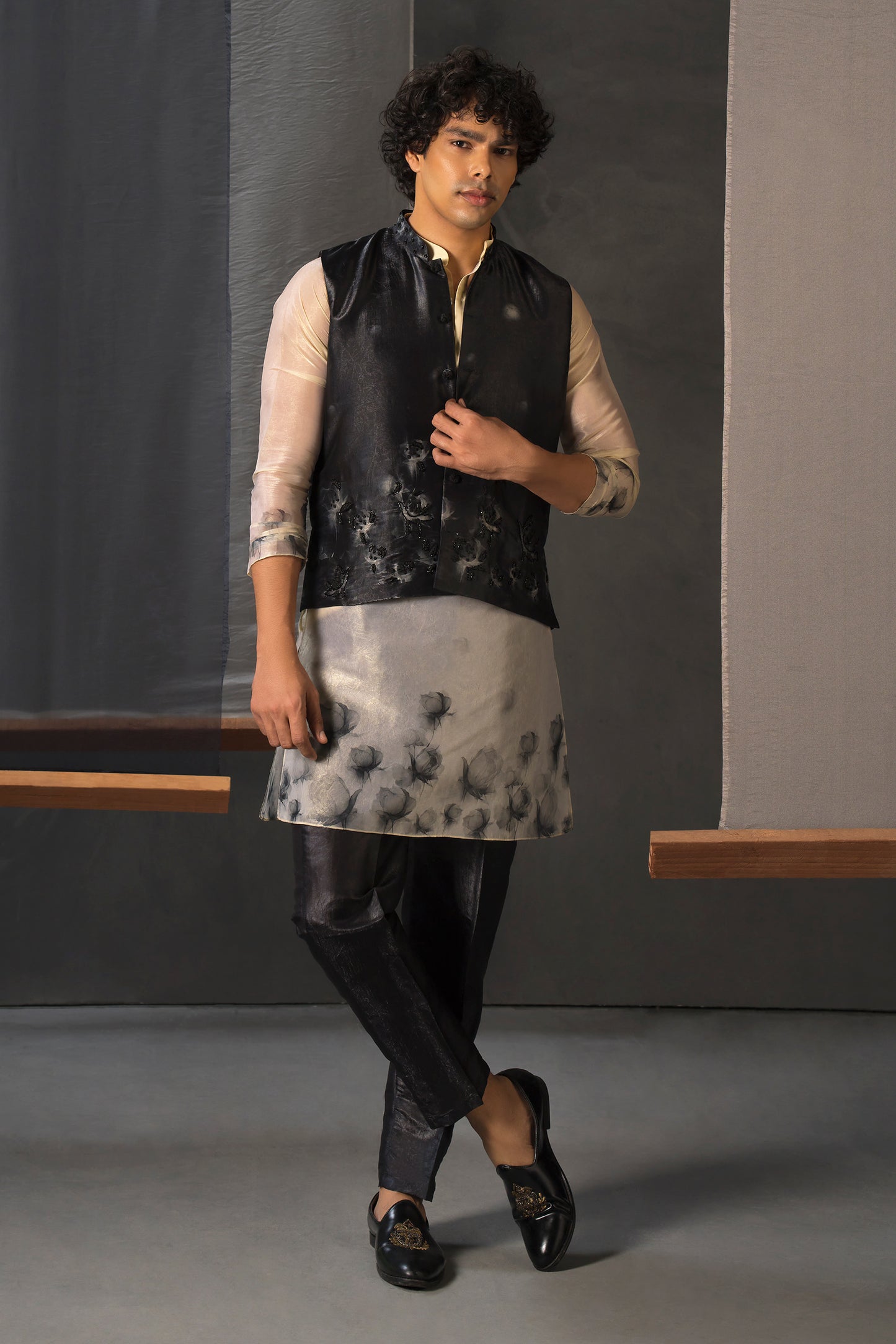 Men’s Black Printed Kurta Pant Set with Waistcoat