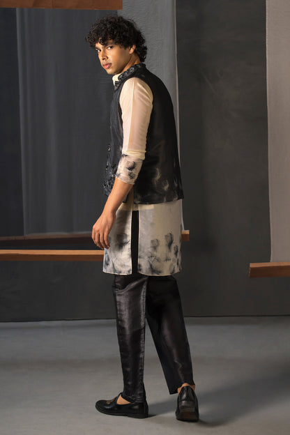 Men’s Black Printed Kurta Pant Set with Waistcoat