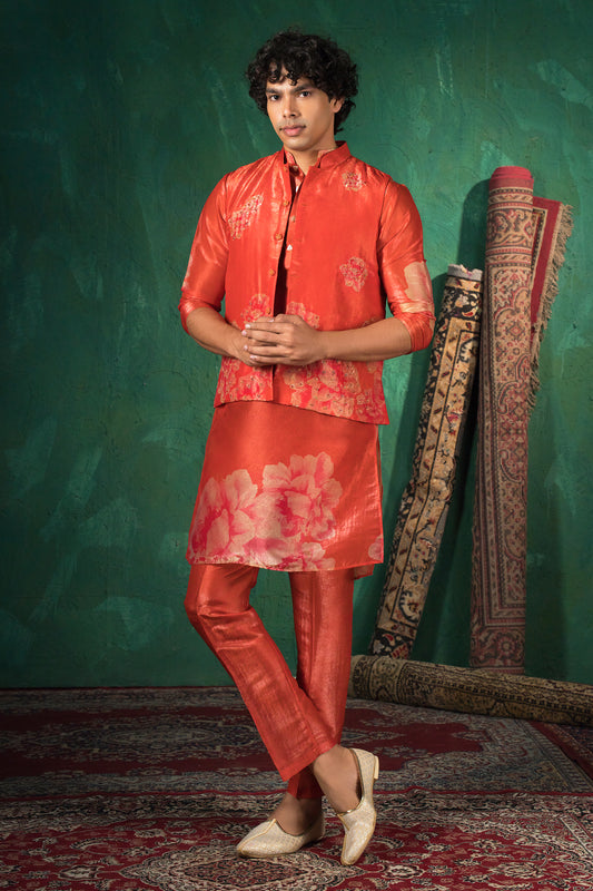 Crimson Red Designer Kurta Pajama Paired with Floral Nehru Jacket