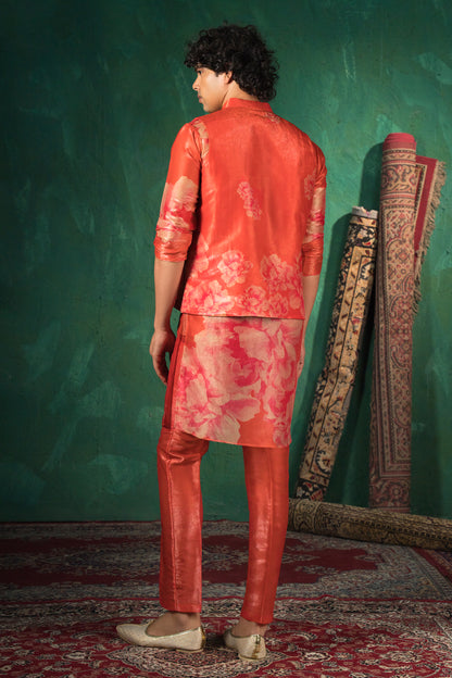 Crimson Red Designer Kurta Pajama Paired with Floral Nehru Jacket