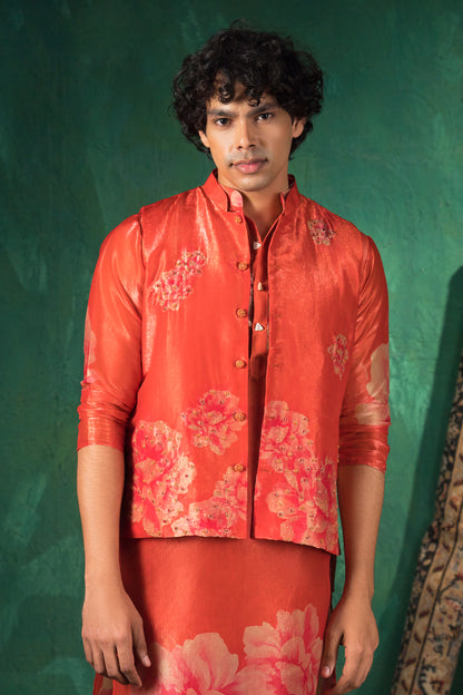 Crimson Red Designer Kurta Pajama Paired with Floral Nehru Jacket