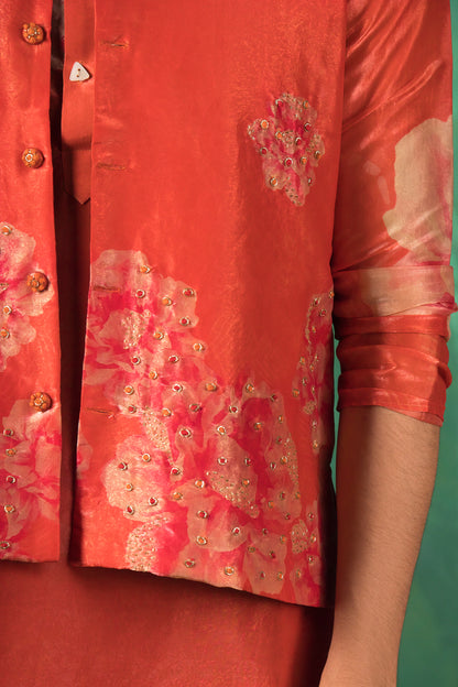 Crimson Red Designer Kurta Pajama Paired with Floral Nehru Jacket