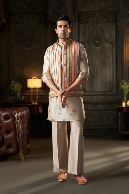 Striped Multi-Color Embroidered Nehru Jacket with Printed Cream Kurta and Trousers