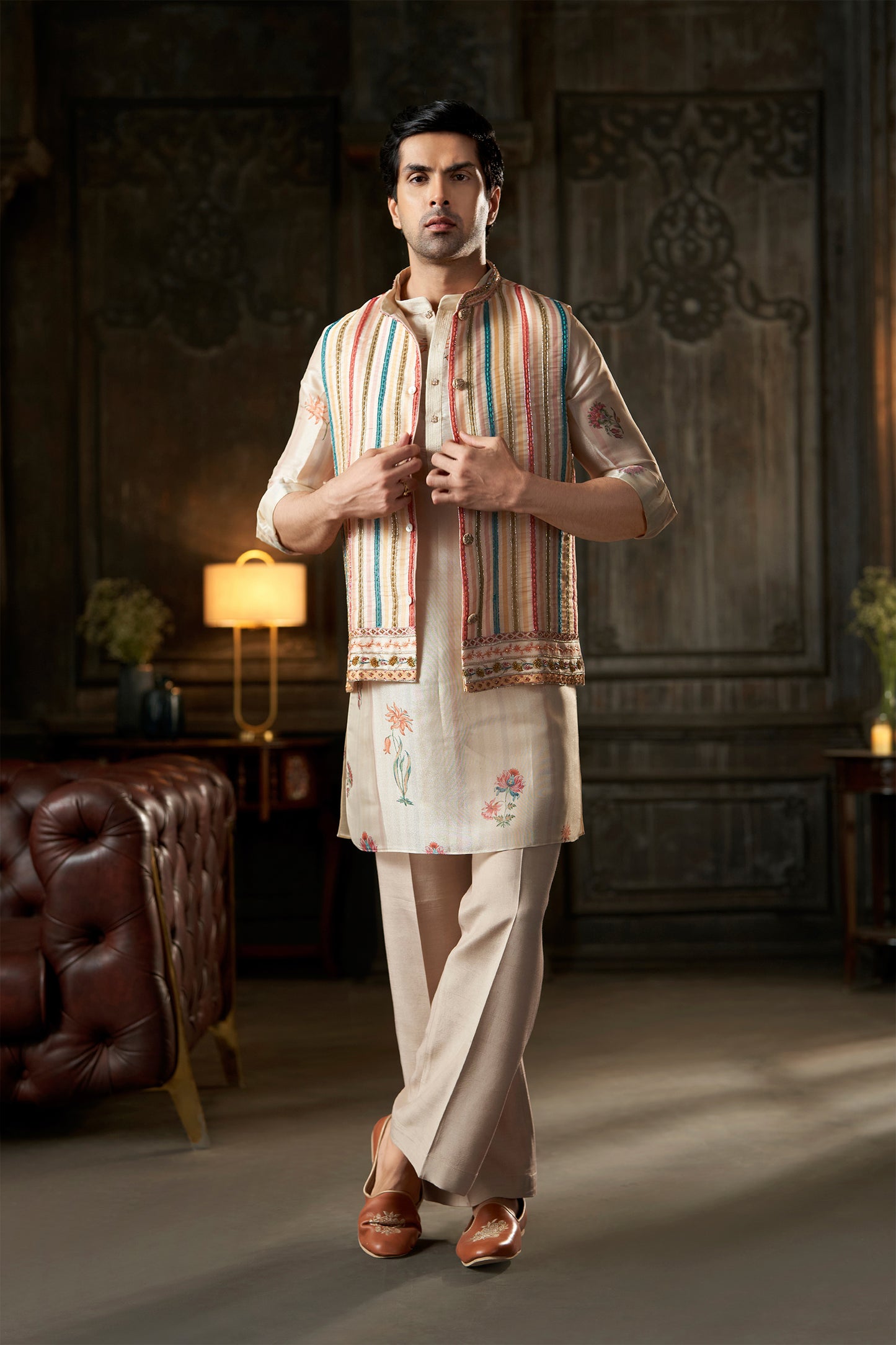 Striped Multi-Color Embroidered Nehru Jacket with Printed Cream Kurta and Trousers