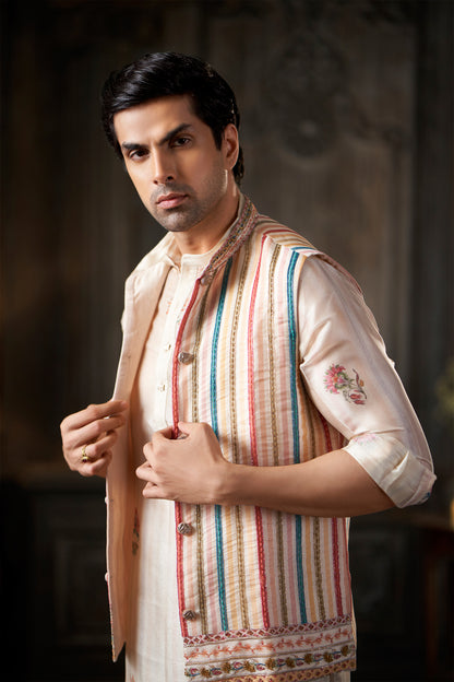 Striped Multi-Color Embroidered Nehru Jacket with Printed Cream Kurta and Trousers