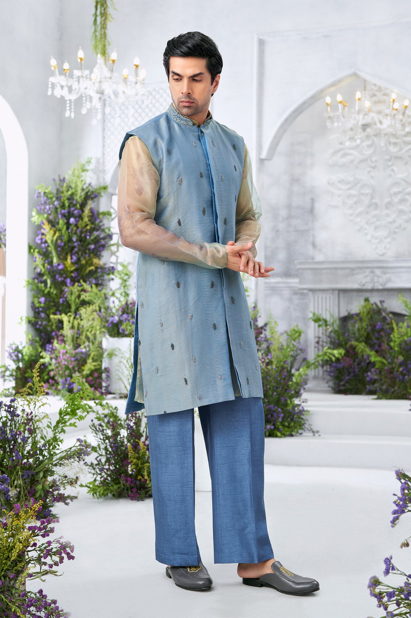 Embroidered Powder Blue Jacket Men's Long Kurta with Sheer Sleeves and Trousers