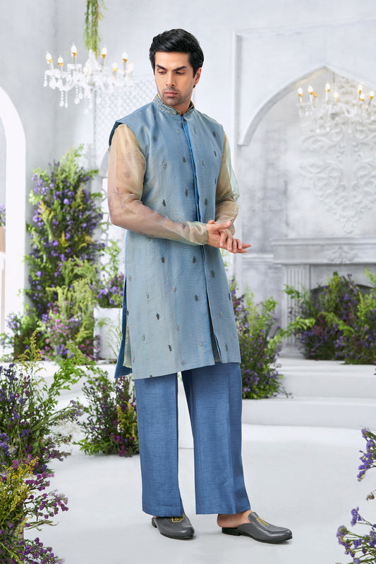 Embroidered Powder Blue Jacket Men's Long Kurta with Sheer Sleeves and Trousers
