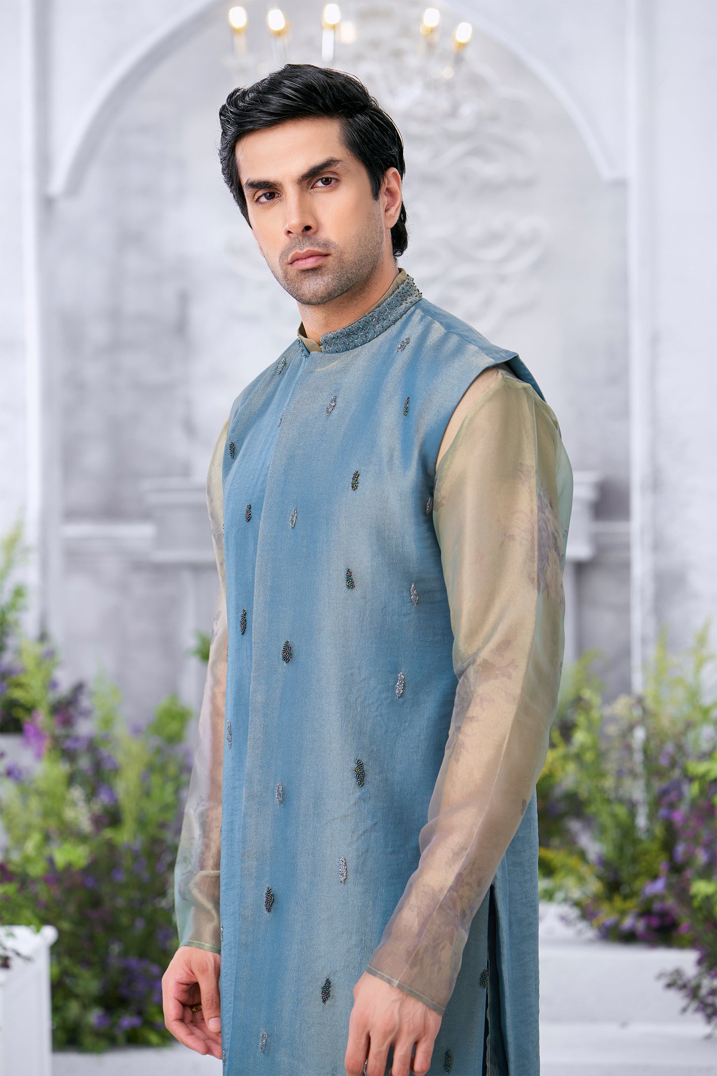 Embroidered Powder Blue Jacket Men's Long Kurta with Sheer Sleeves and Trousers