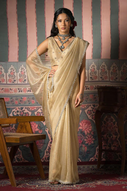 Aurelia Champagne Gold Banarasi Zari Saree