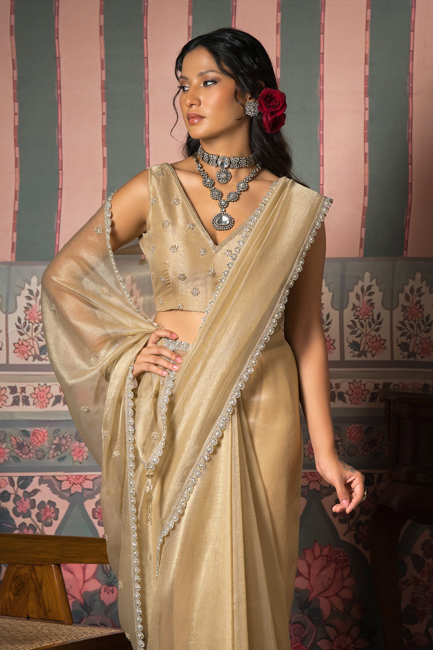 Aurelia Champagne Gold Banarasi Zari Saree