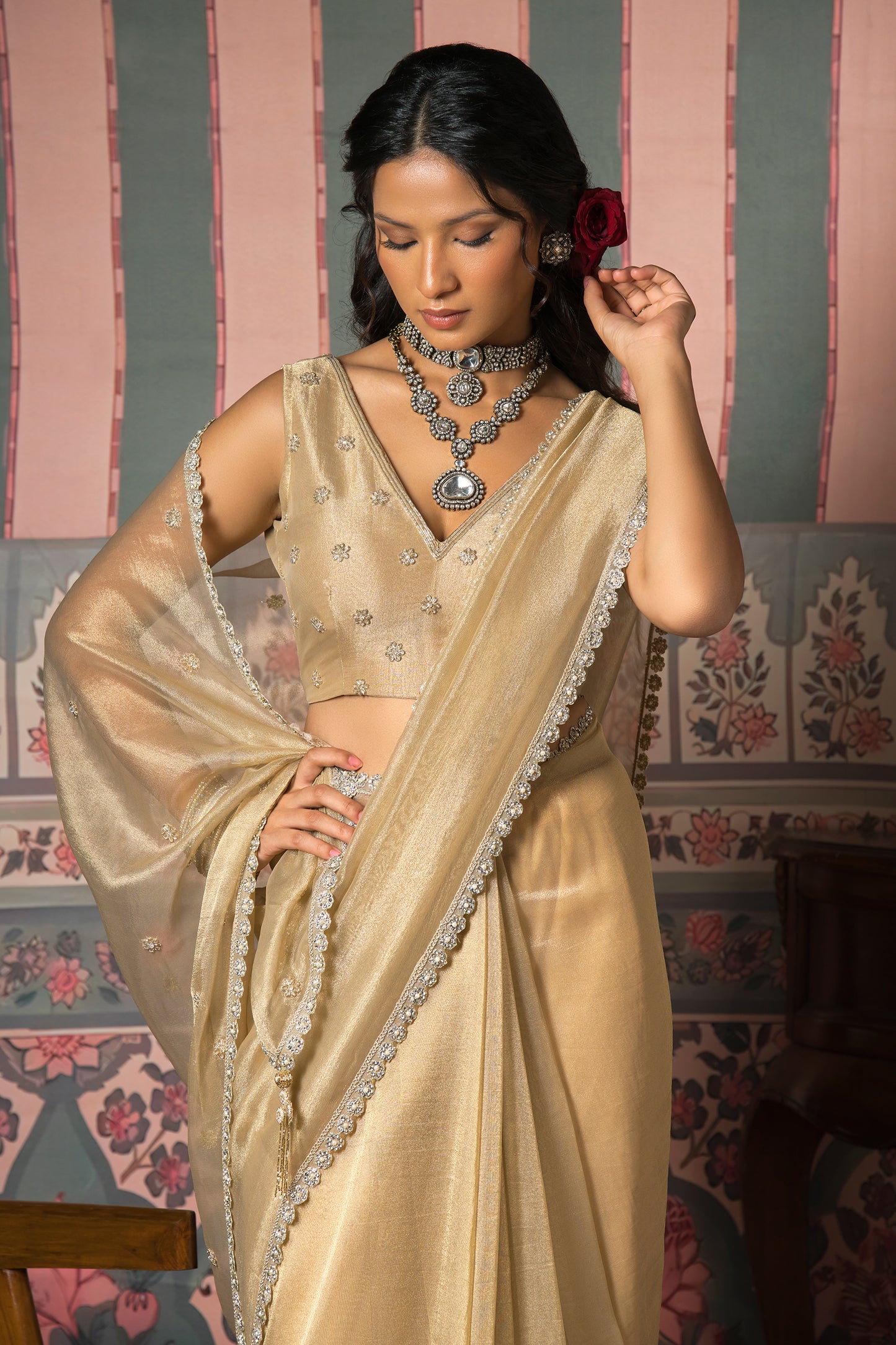 Aurelia Champagne Gold Banarasi Zari Saree