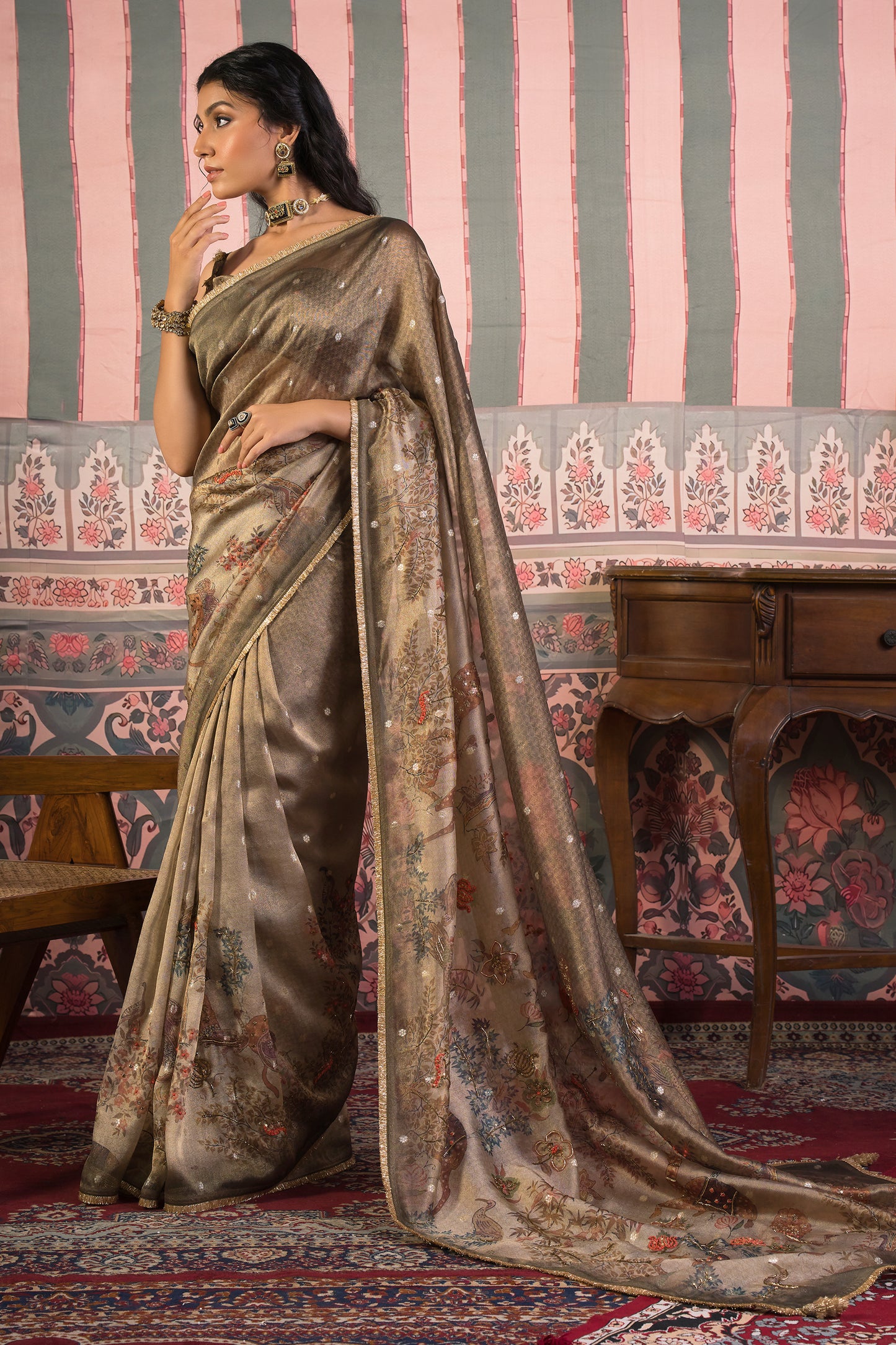 Antique Swarna Banarasi Zari Booti Saree - Bronze