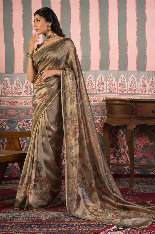 Antique Swarna Banarasi Zari Booti Saree - Bronze