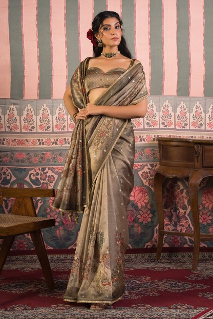 Antique Swarna Banarasi Zari Booti Saree - Bronze