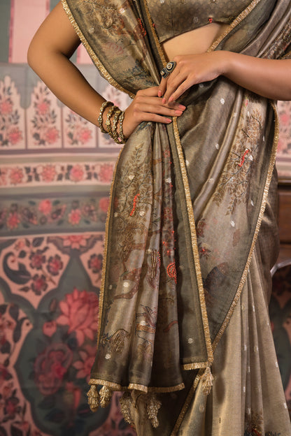 Antique Swarna Banarasi Zari Booti Saree - Bronze