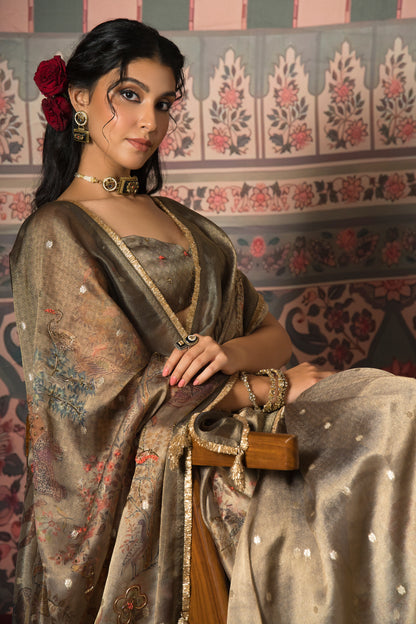 Antique Swarna Banarasi Zari Booti Saree - Bronze