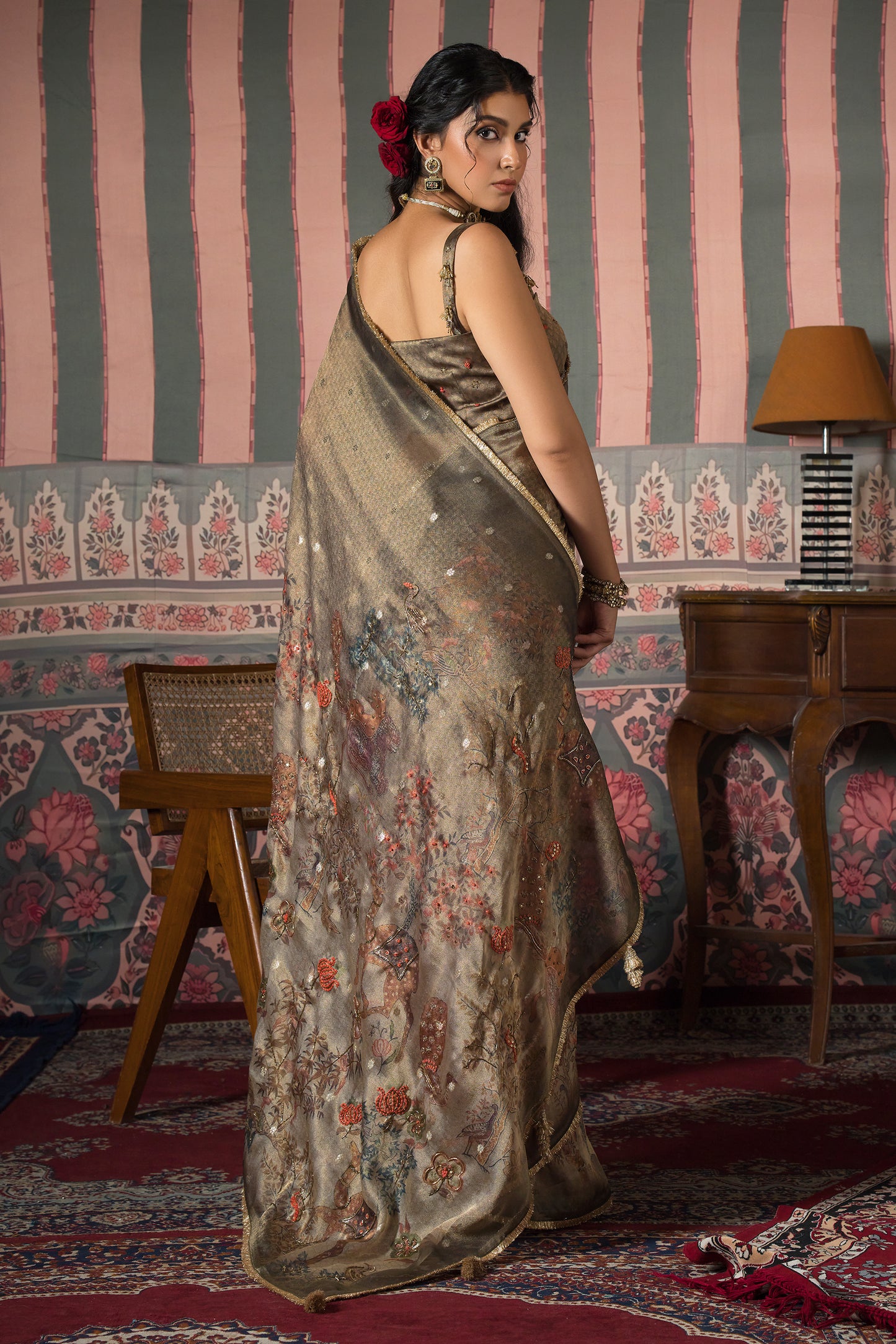 Antique Swarna Banarasi Zari Booti Saree - Bronze