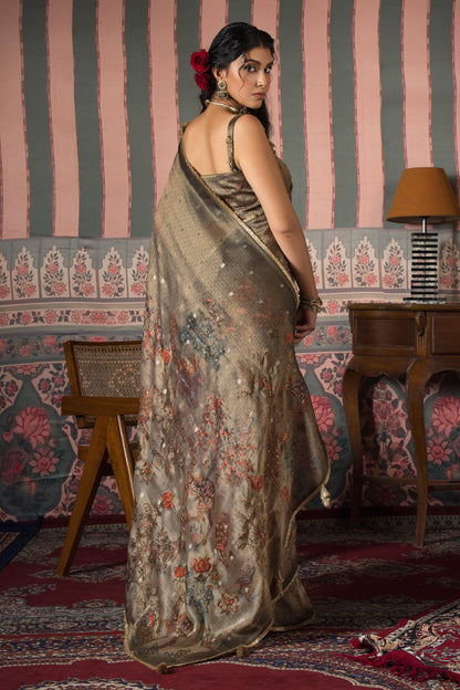 Antique Swarna Banarasi Zari Booti Saree - Bronze