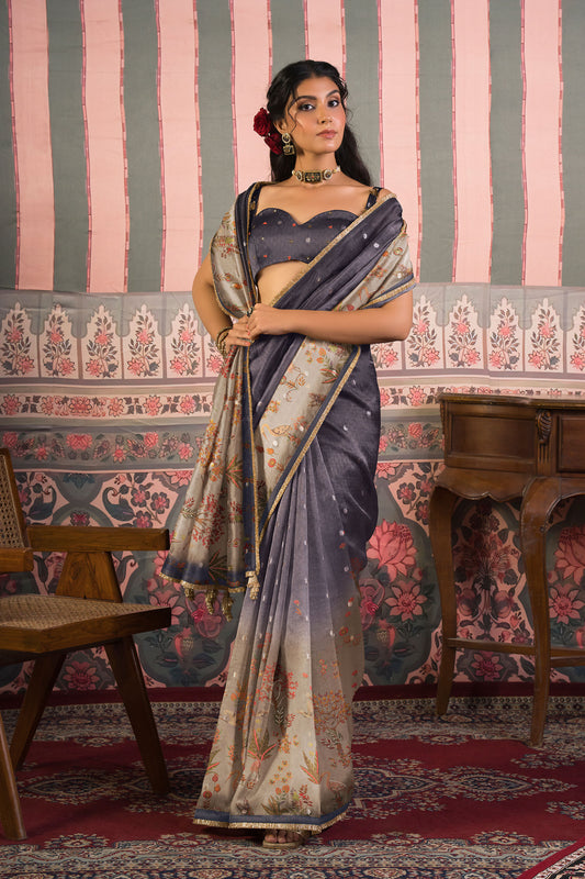 Antique Swarna Banarasi Zari Organza Saree - Ash Blue