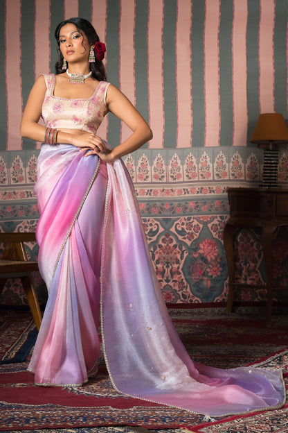 Sky Blush Satin Silk Organza Saree