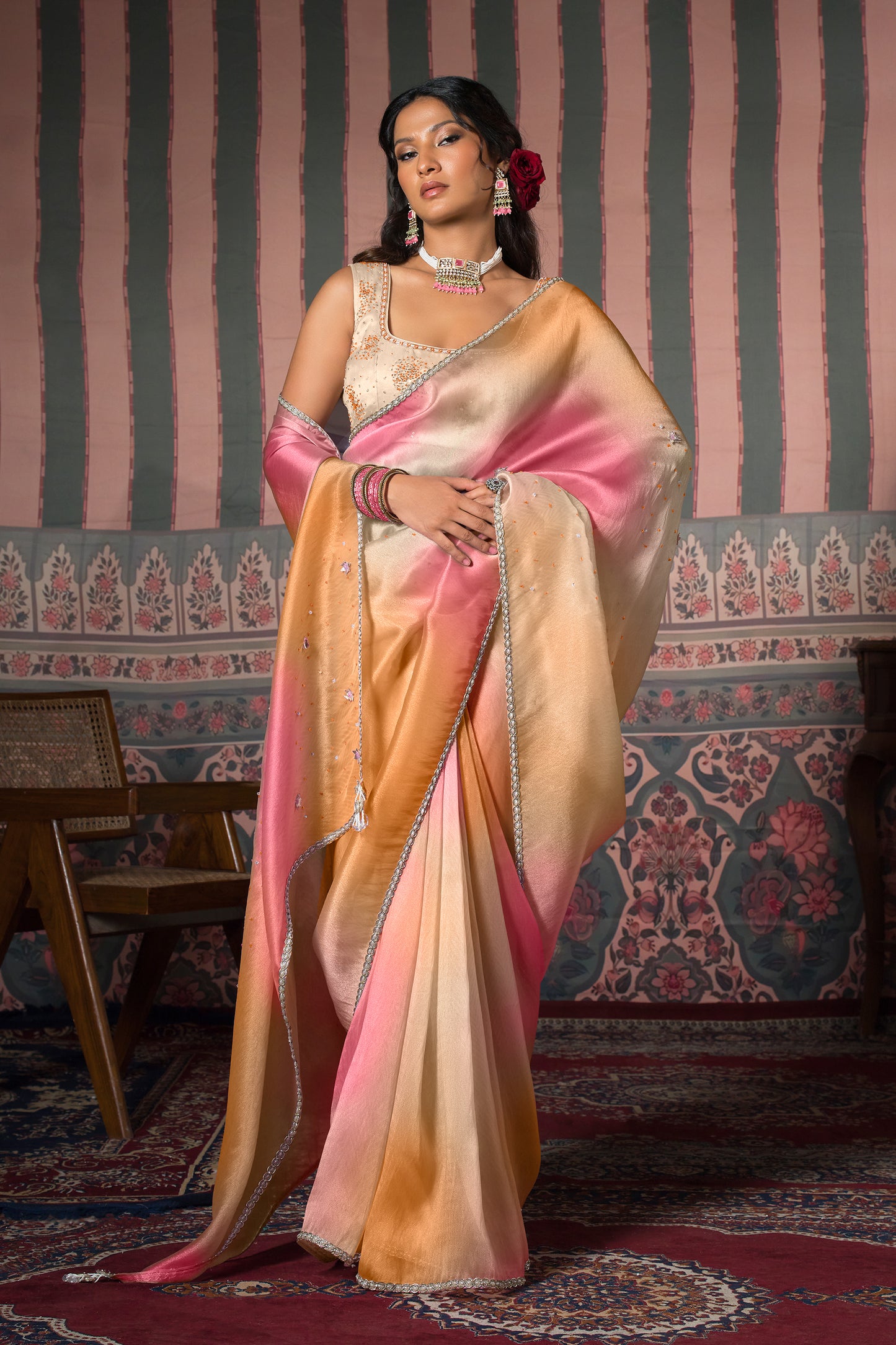 Peach Blush Satin Silk Organza Saree