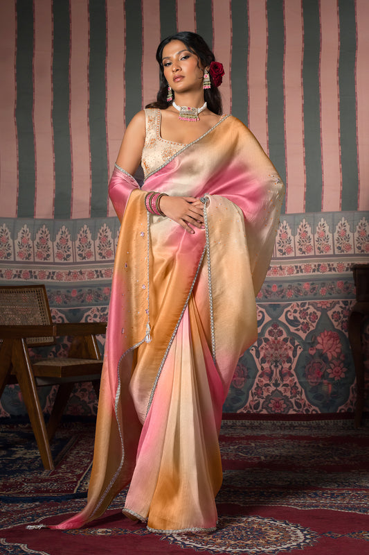 Peach Blush Satin Silk Organza Saree