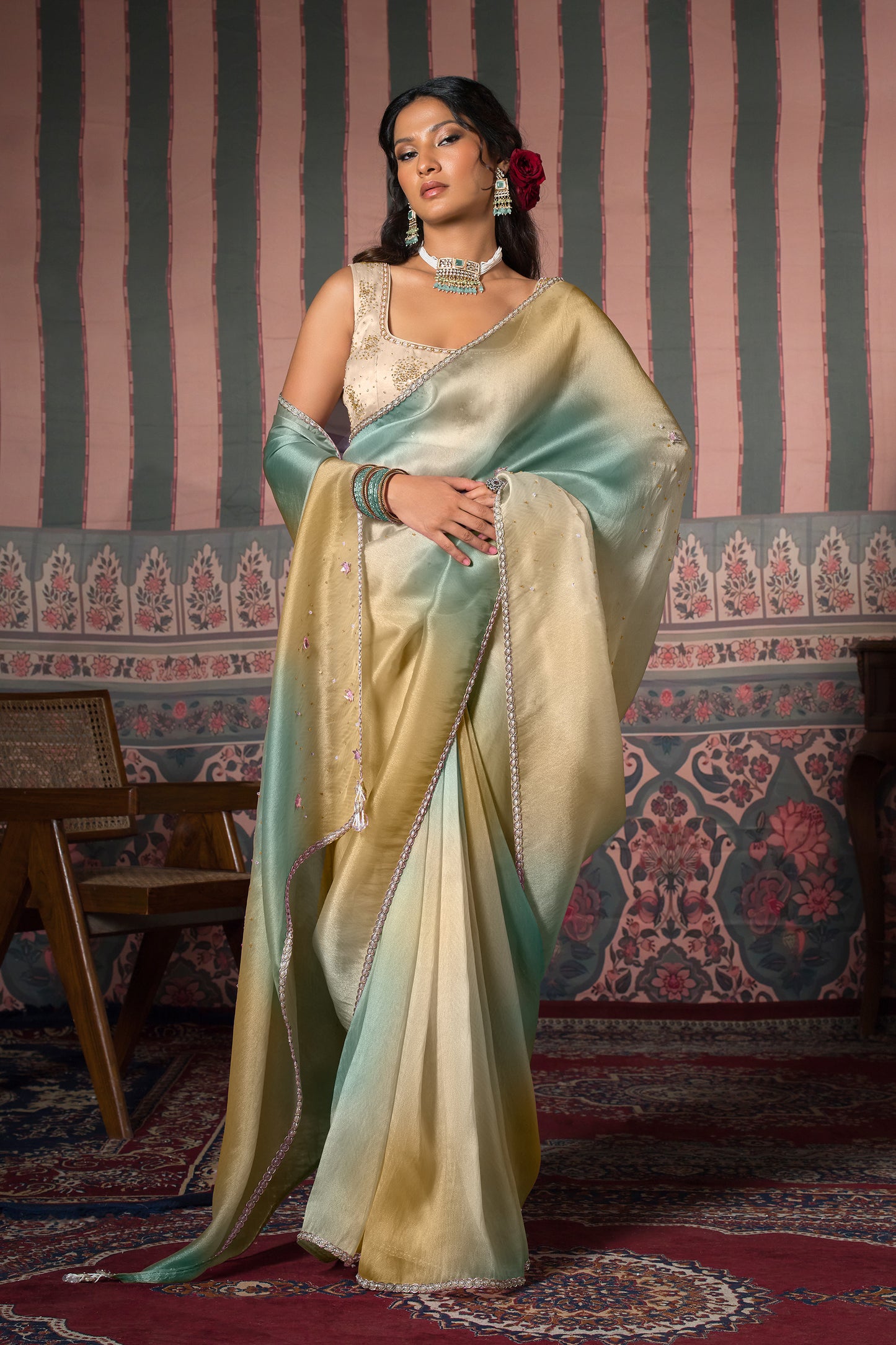 Pistachio Blush Satin Silk Organza Saree
