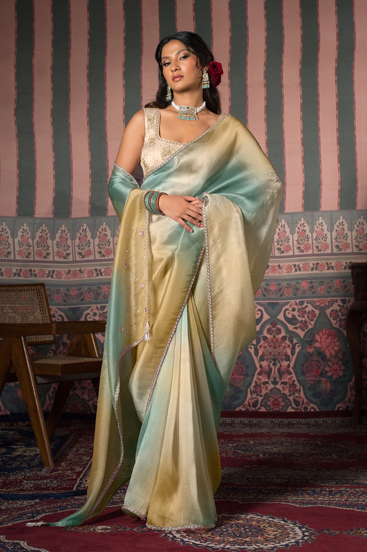 Pistachio Blush Satin Silk Organza Saree