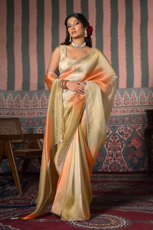 Apricot Blush Satin Silk Organza Saree