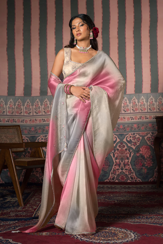 Rose blush Satin Silk Organza Saree