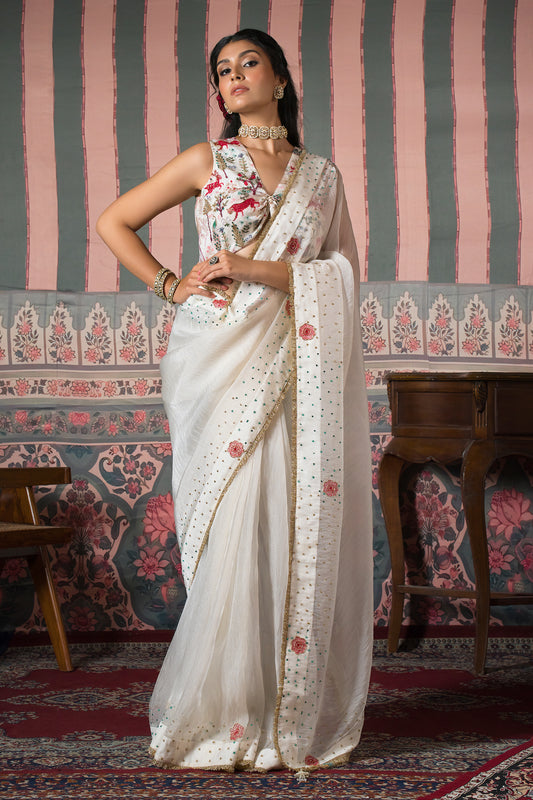 Diamond Dust Pearl Matic Tissue Saree - White