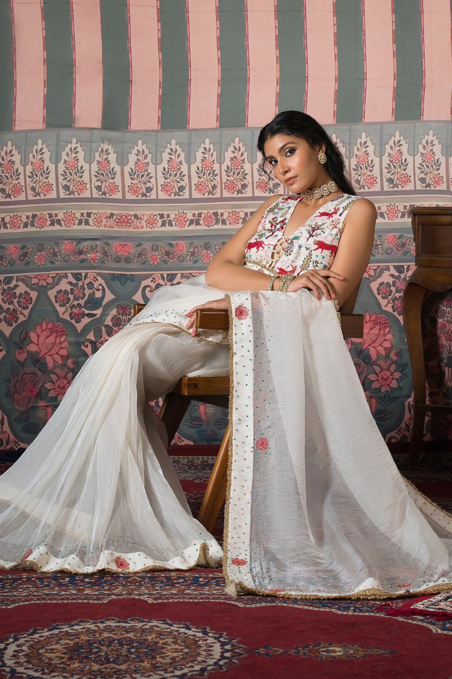 Diamond Dust Pearl Matic Tissue Saree - White