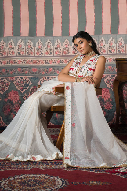 Diamond Dust Pearl Matic Tissue Saree - White