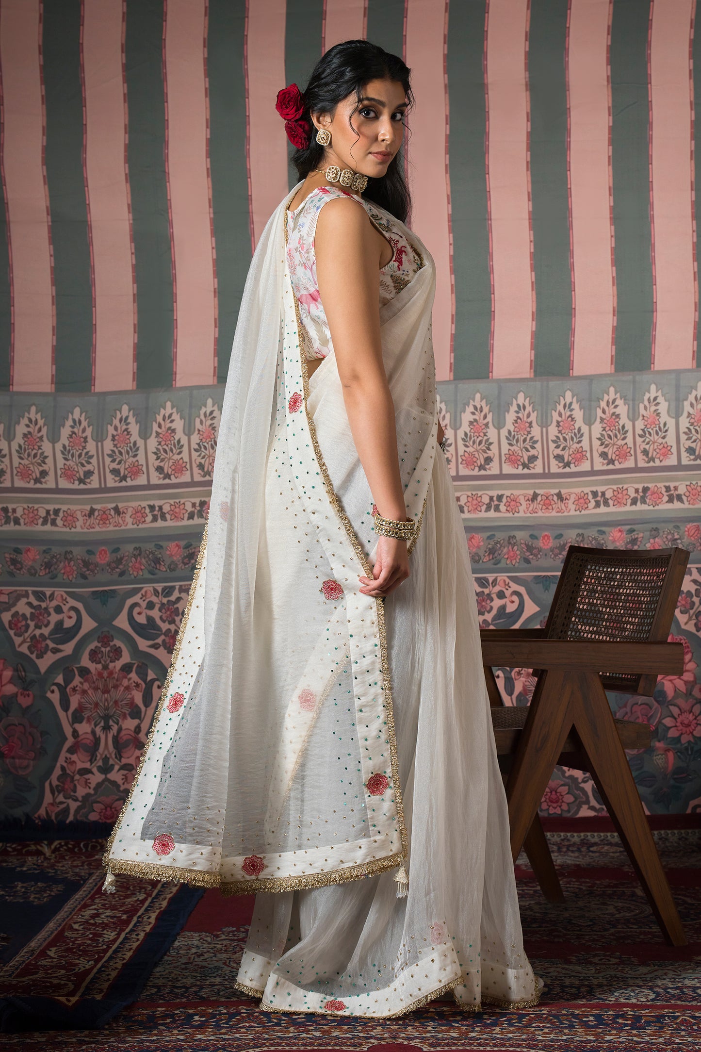 Diamond Dust Pearl Matic Tissue Saree - White