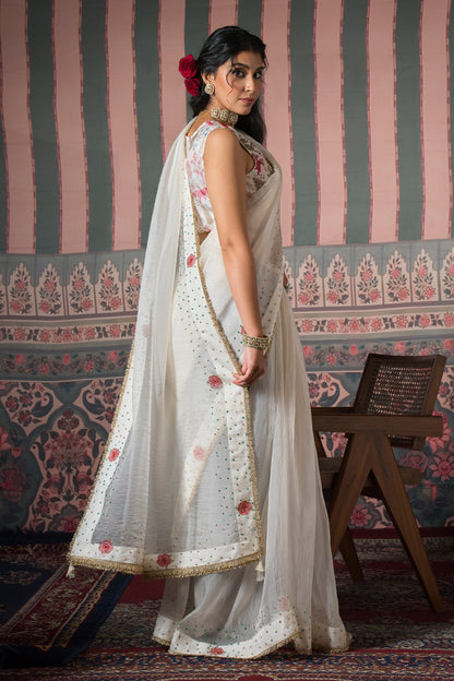 Diamond Dust Pearl Matic Tissue Saree - White