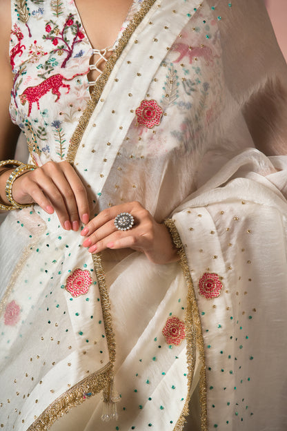 Diamond Dust Pearl Matic Tissue Saree - White