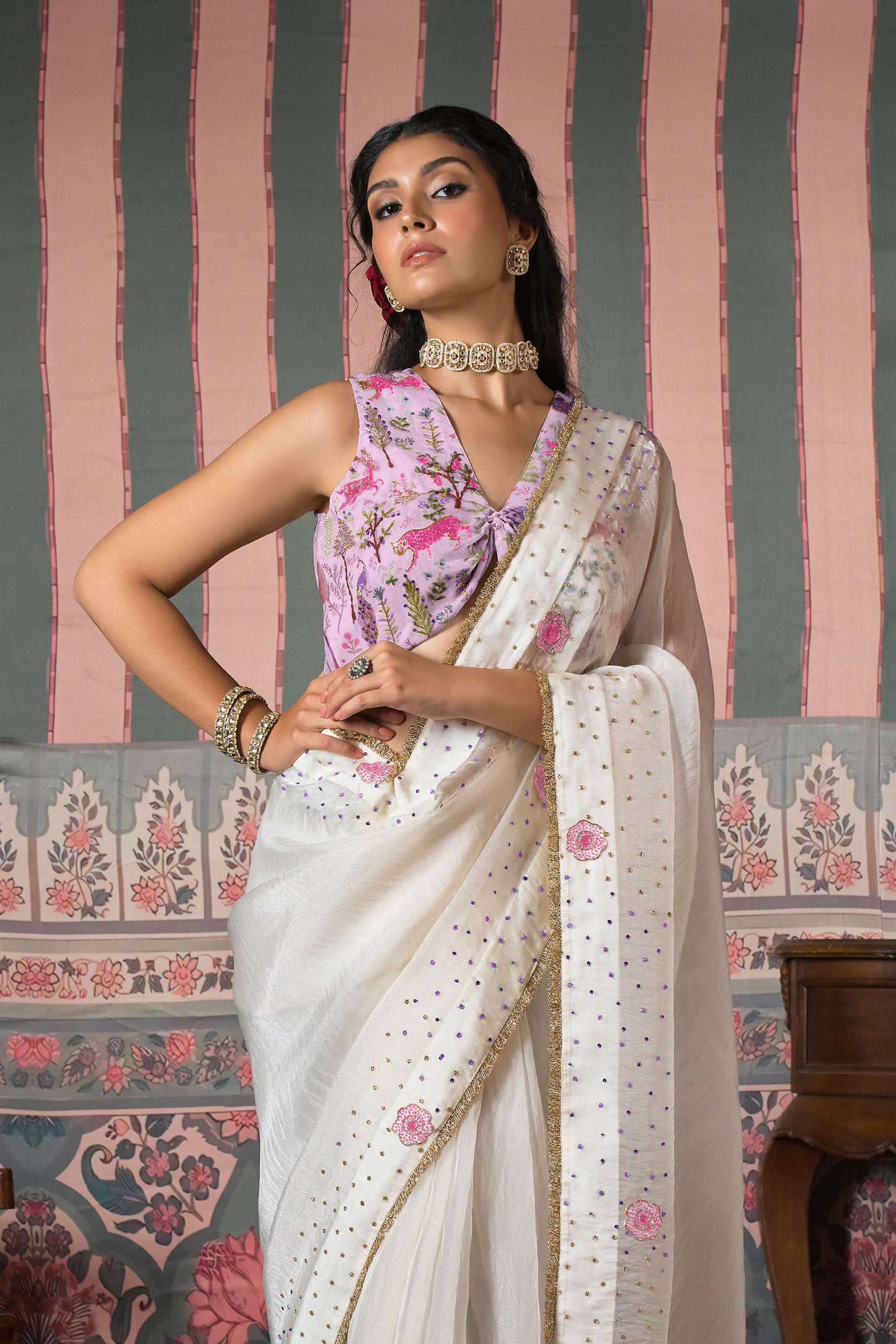 Diamond Dust Pearl Matic Tissue Saree - Ivory Pink