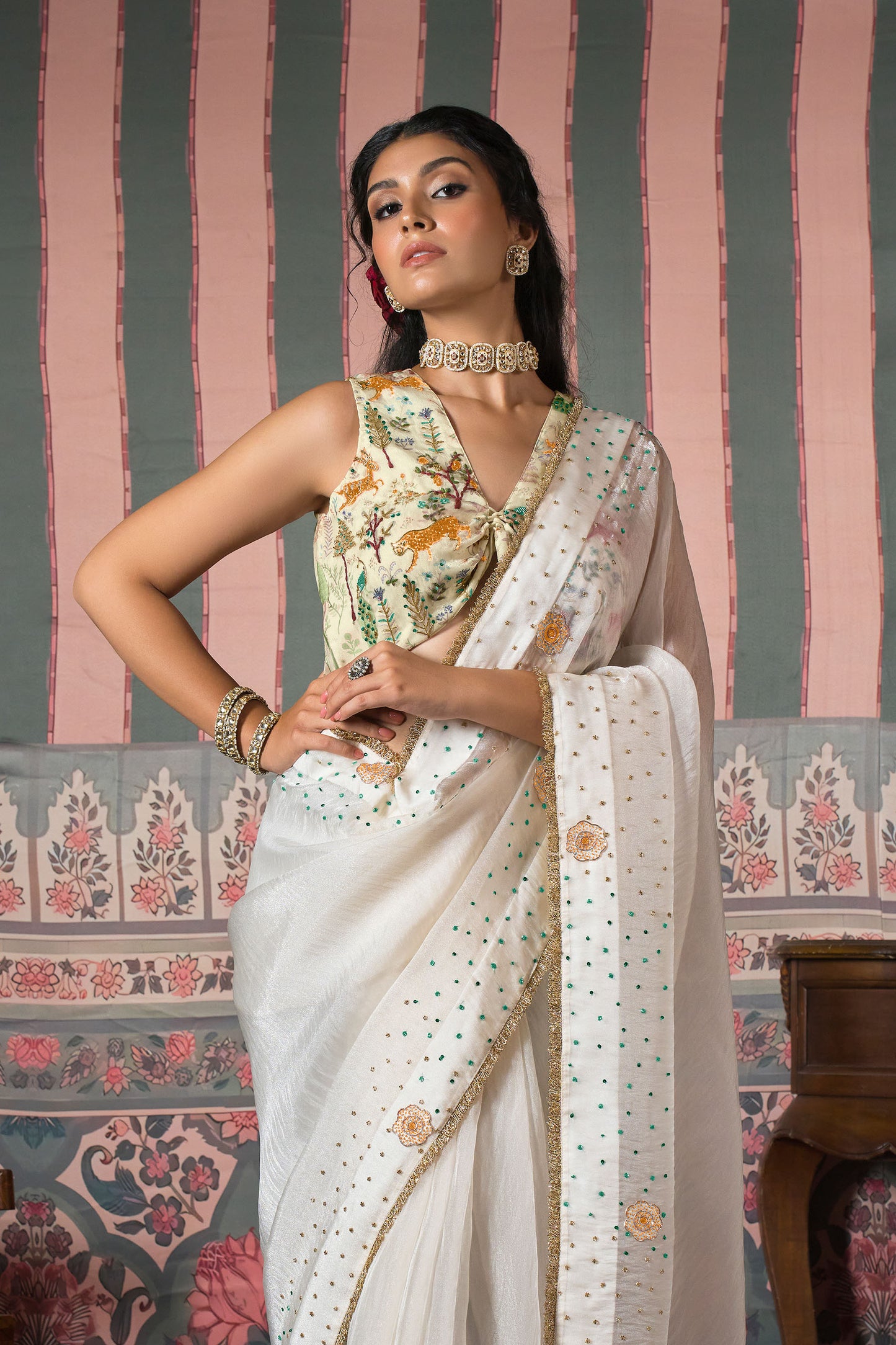 Diamond Dust Pearl Matic Tissue Saree - Ivory Beige