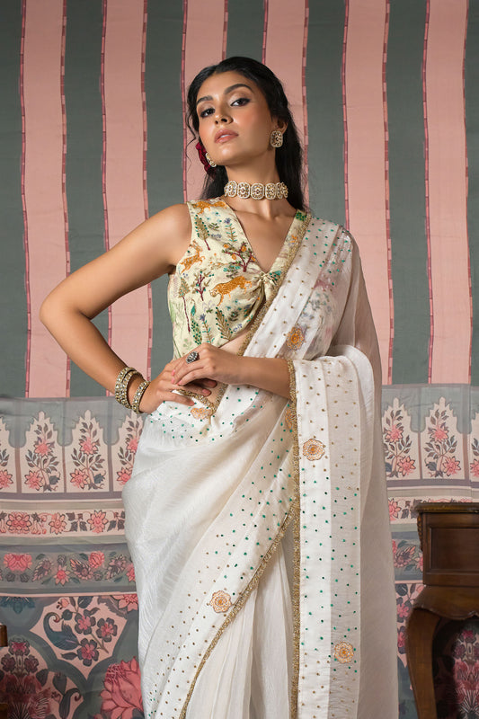 Diamond Dust Pearl Matic Tissue Saree - Ivory Beige