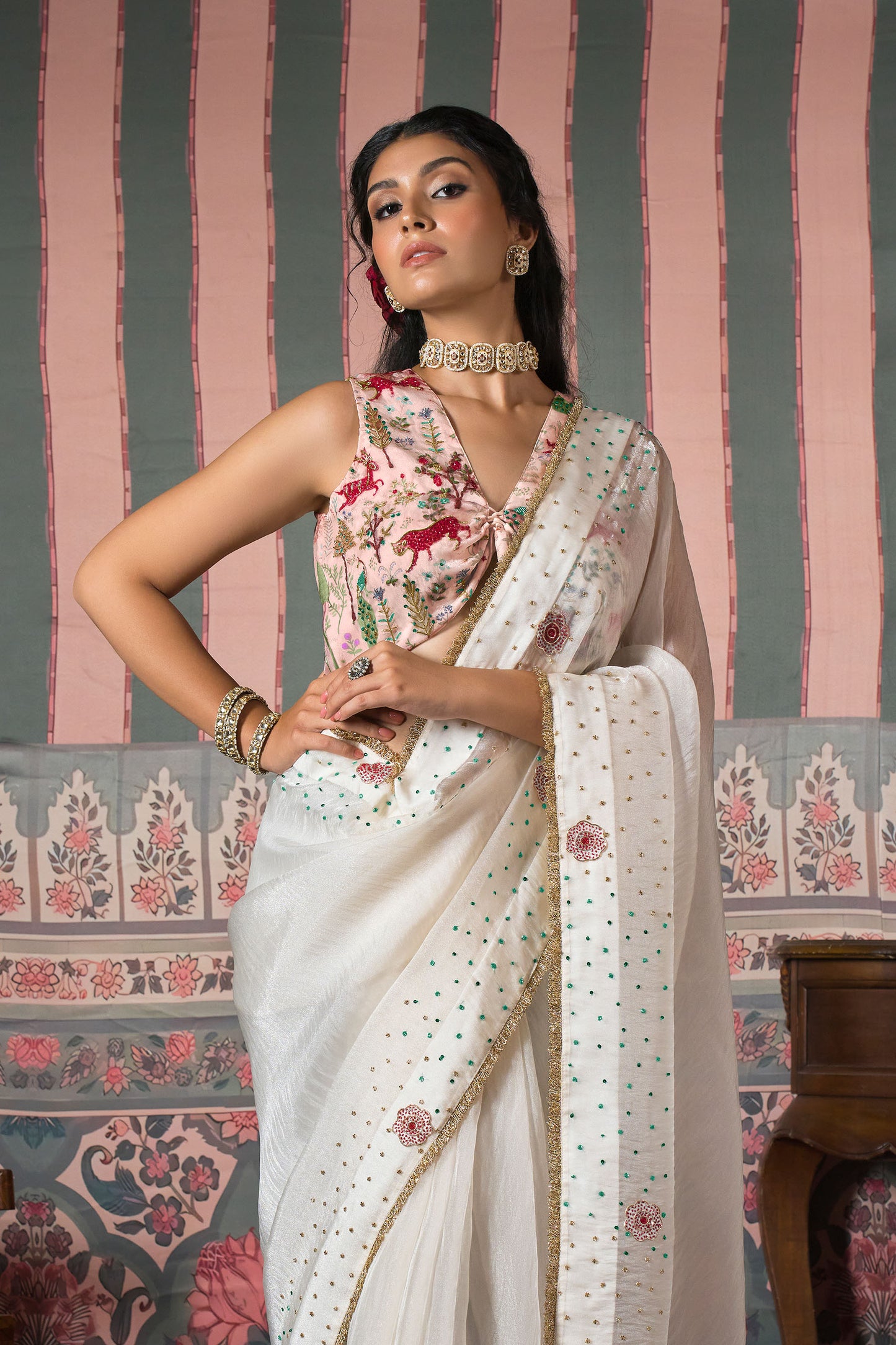 Diamond Dust Pearl Matic Tissue Saree -Light Pink
