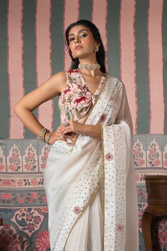 Diamond Dust Pearl Matic Tissue Saree -Light Pink
