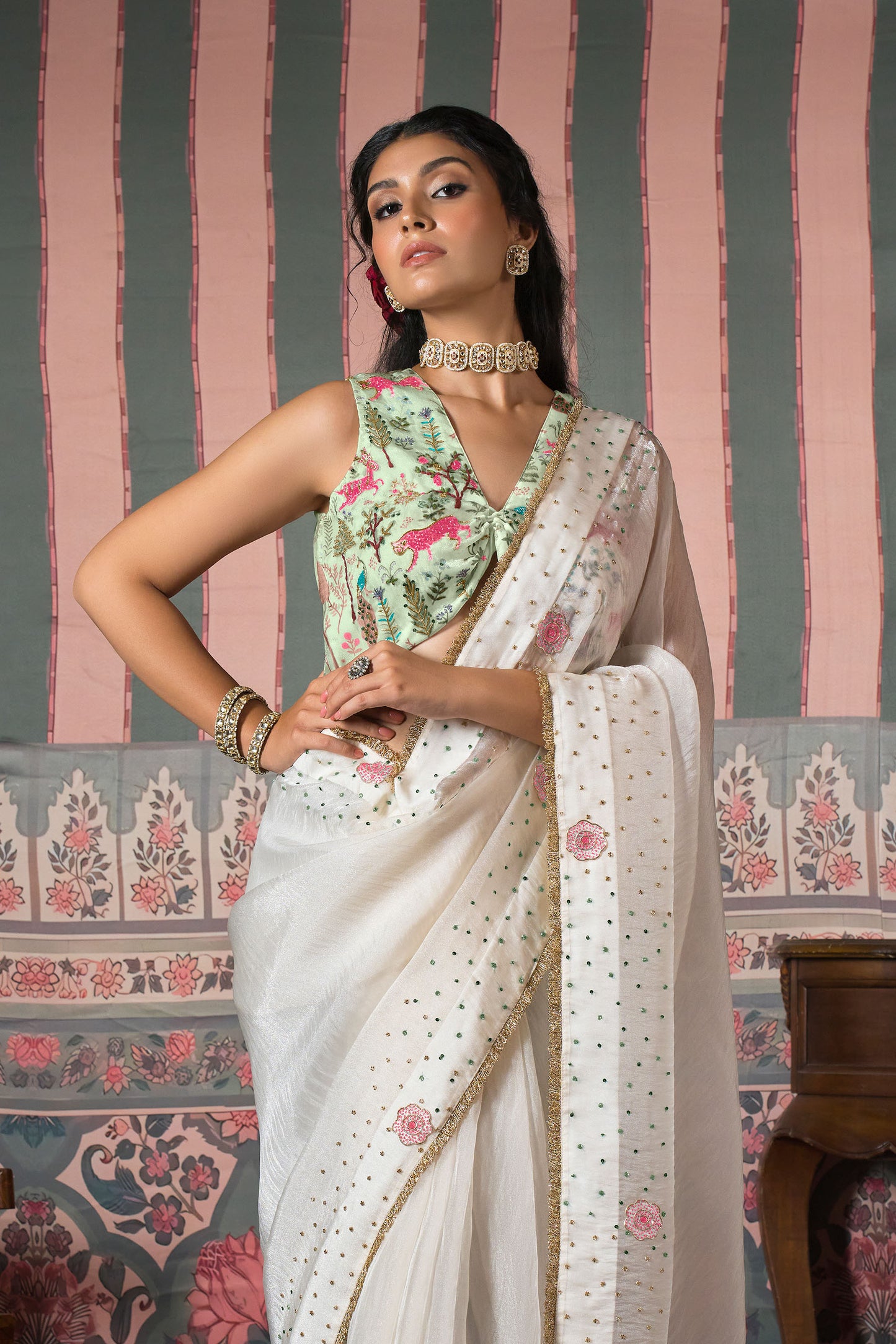 Diamond Dust Pearl Matic Tissue Saree - Mint Green