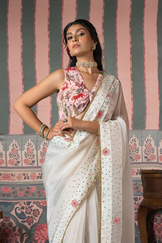 Diamond Dust Pearl Matic Tissue Saree - Blush Pink