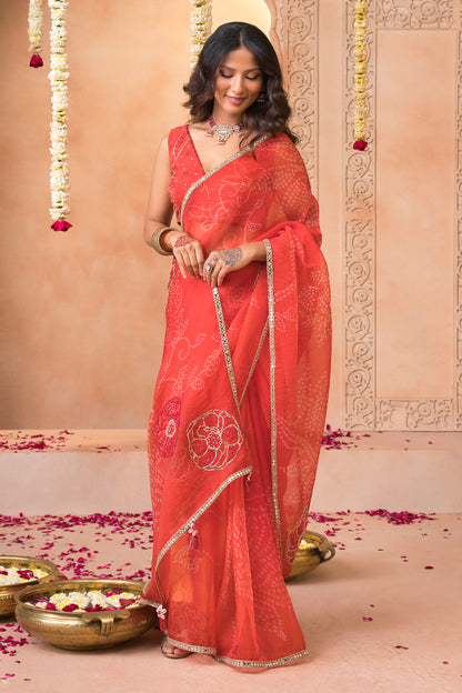 Berry Red Bandhani Mirror Tissue Saree