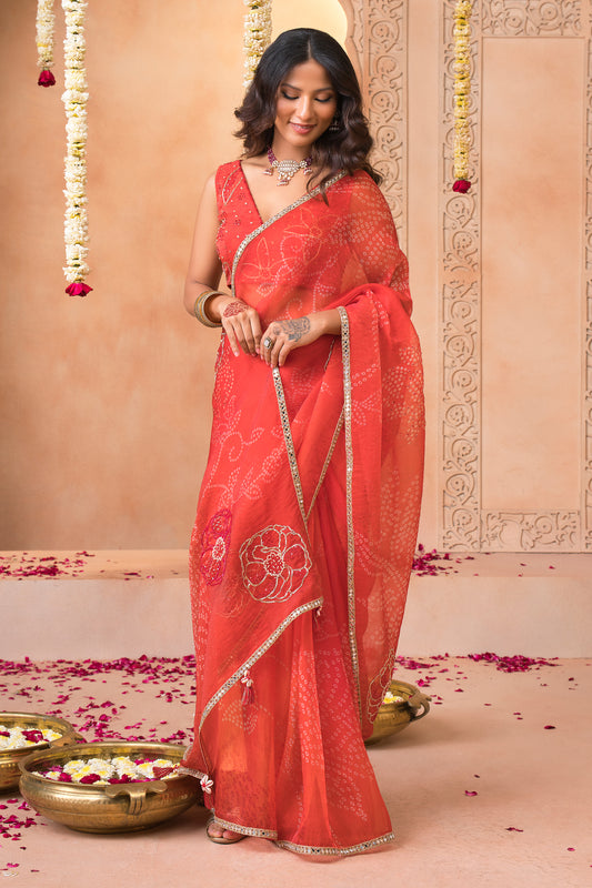 Berry Red Bandhani Mirror Tissue Saree