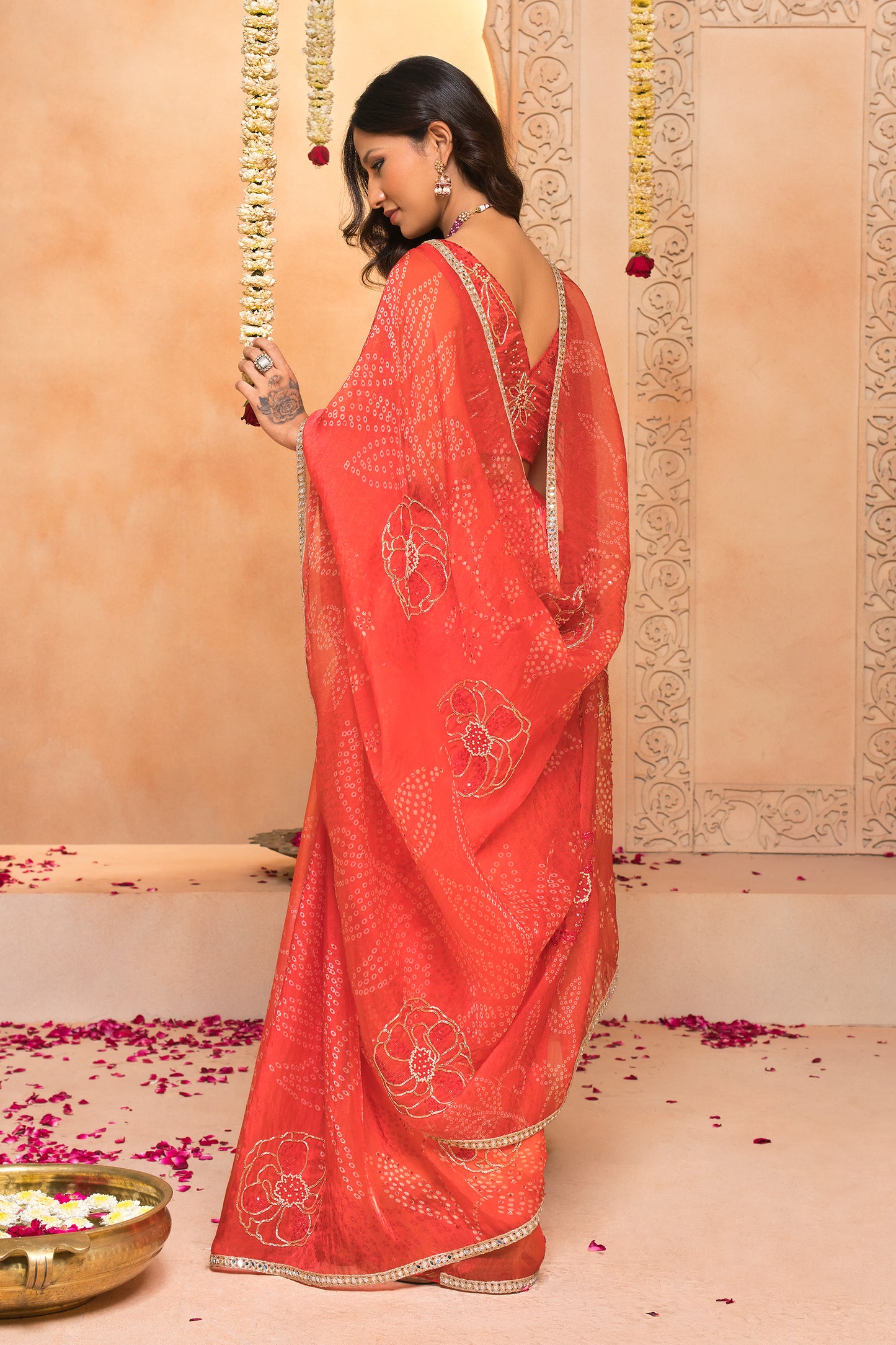 Berry Red Bandhani Mirror Tissue Saree