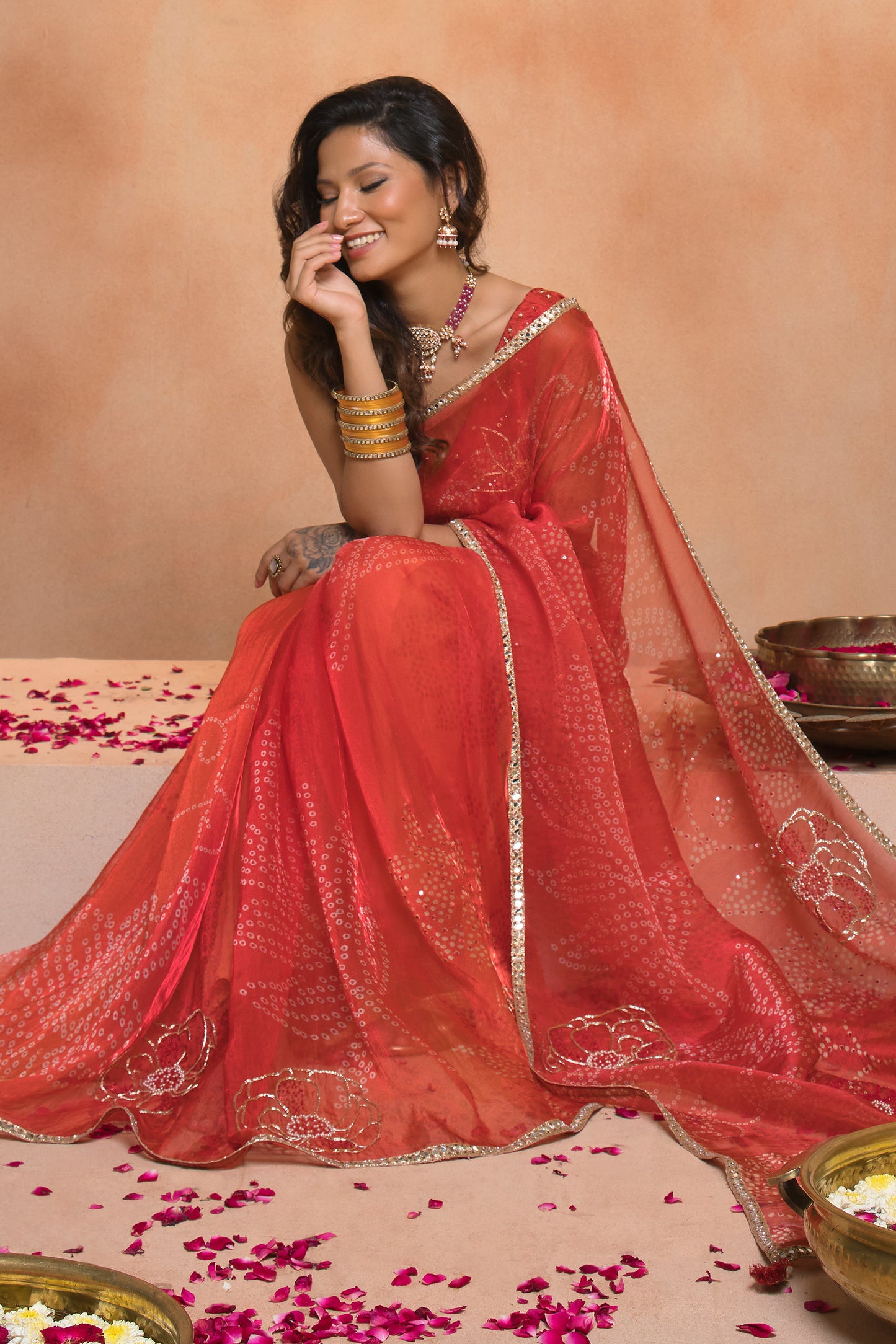 Berry Red Bandhani Mirror Tissue Saree